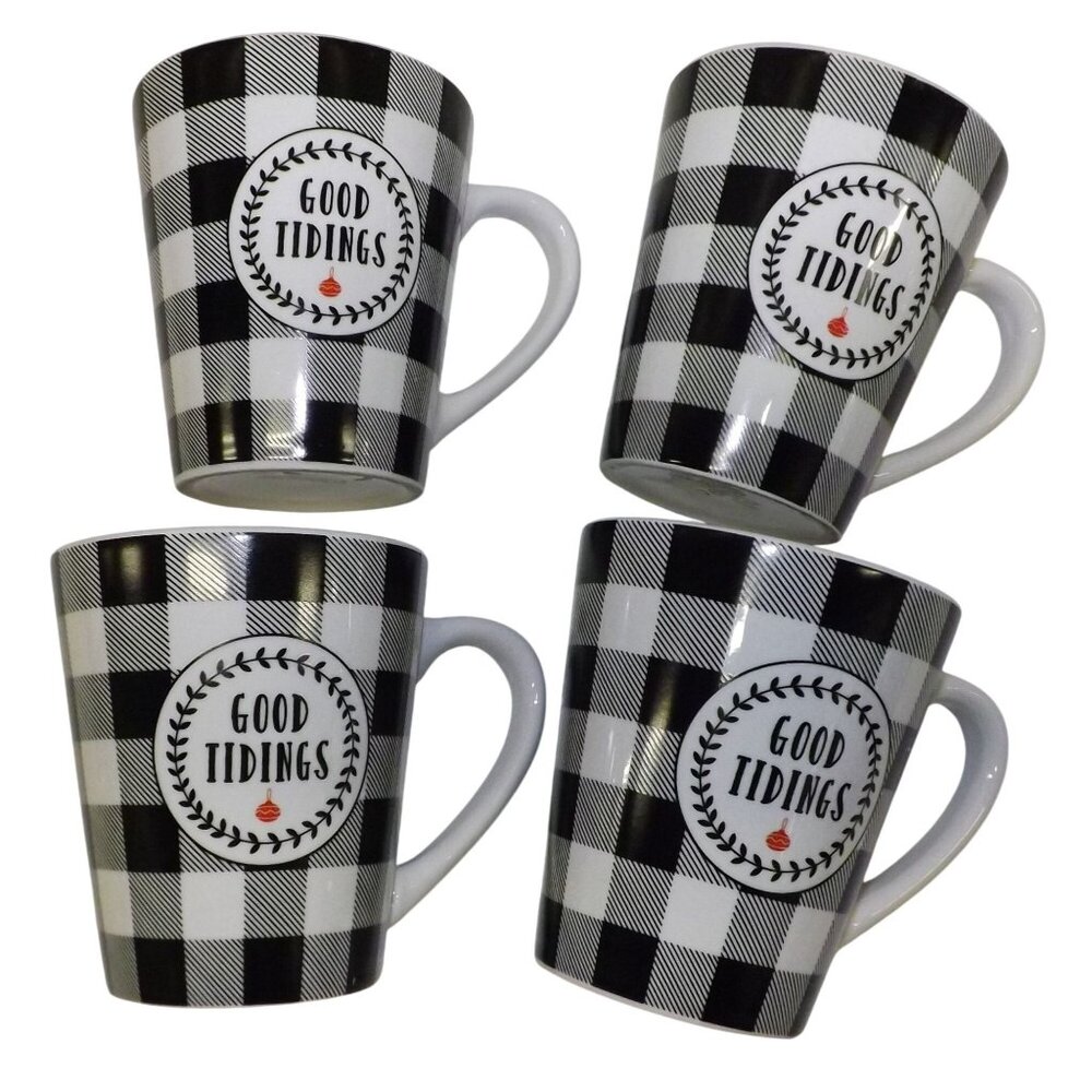 Christmas Farmhouse Shabby Black White Plaid 4 "Good Tidings" Ceramic Mugs